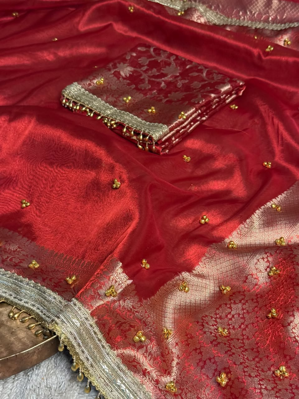 Metallic Red Kora Tissue Viral Ghungroo Saree