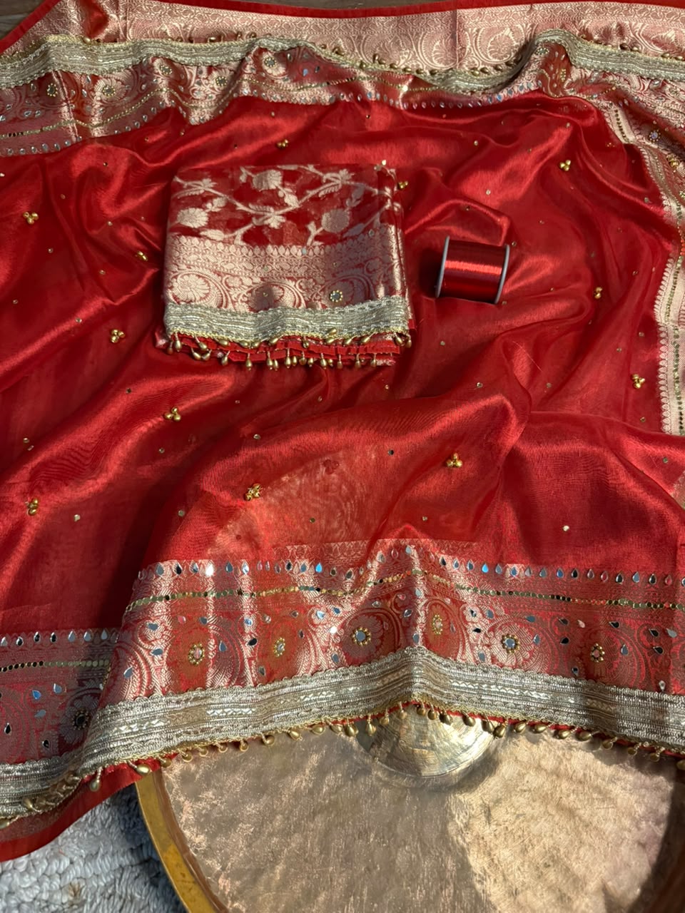 Carmine Red Kora Tissue Viral Ghungroo Saree