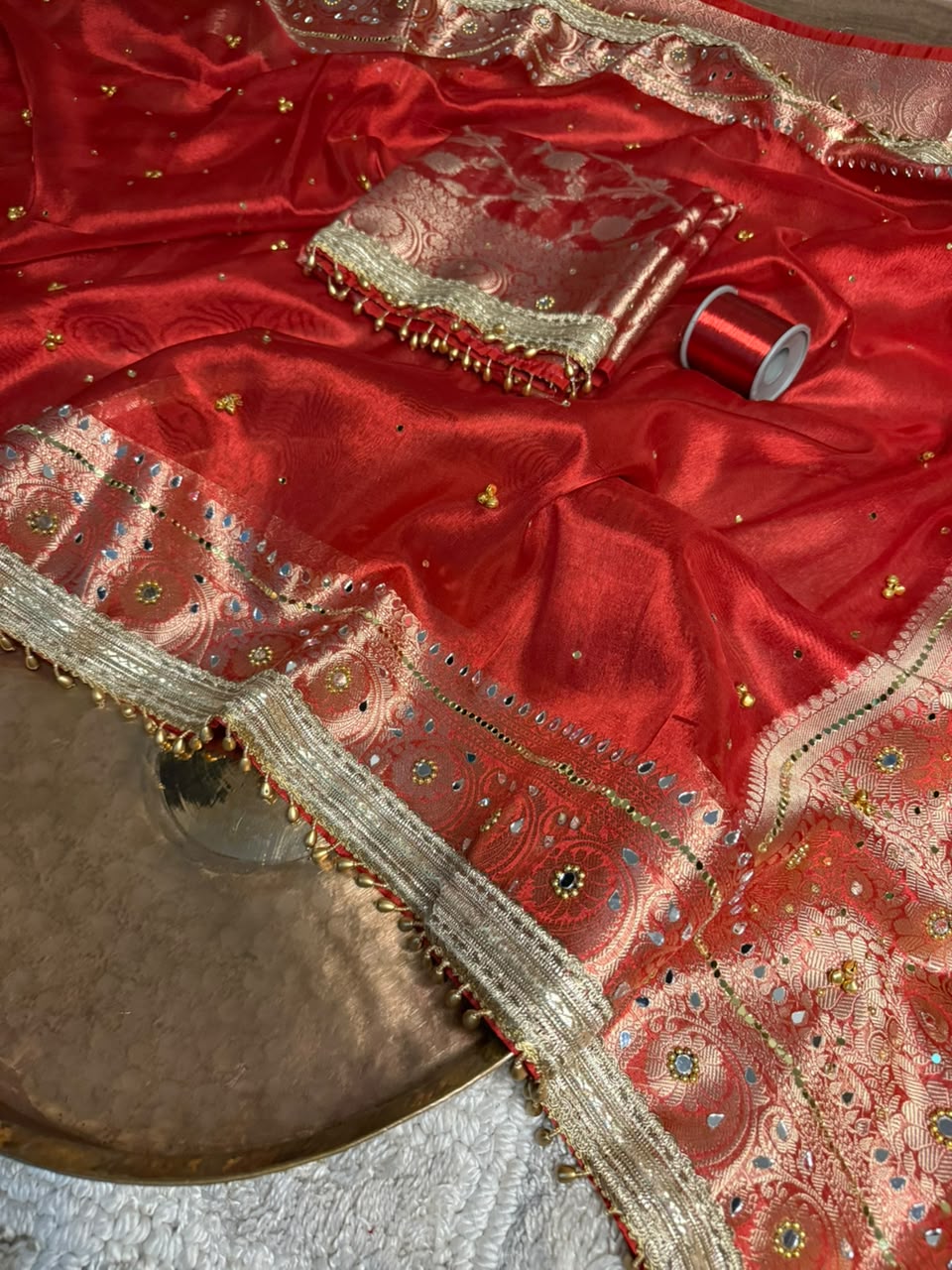 Carmine Red Kora Tissue Viral Ghungroo Saree