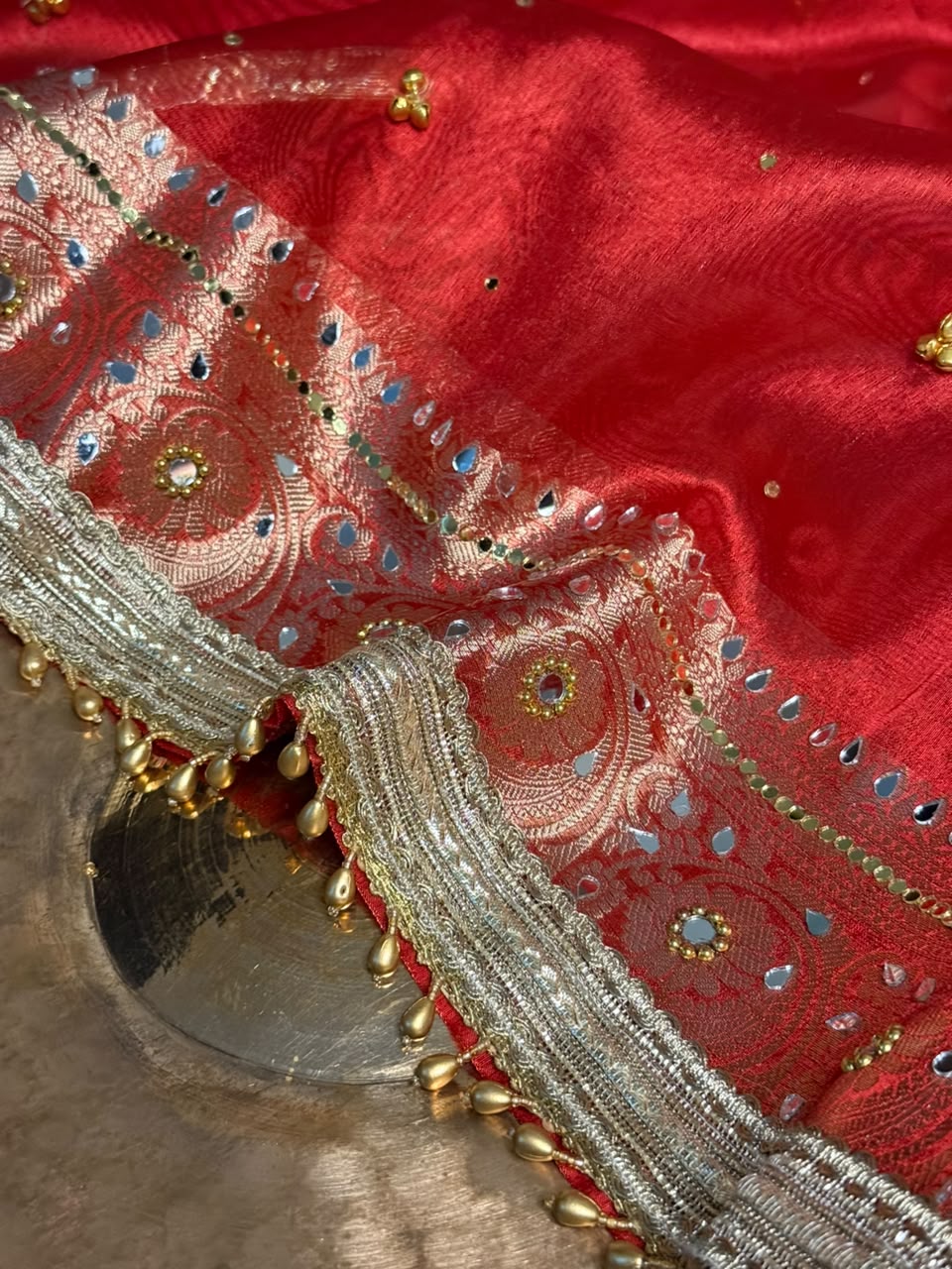 Carmine Red Kora Tissue Viral Ghungroo Saree