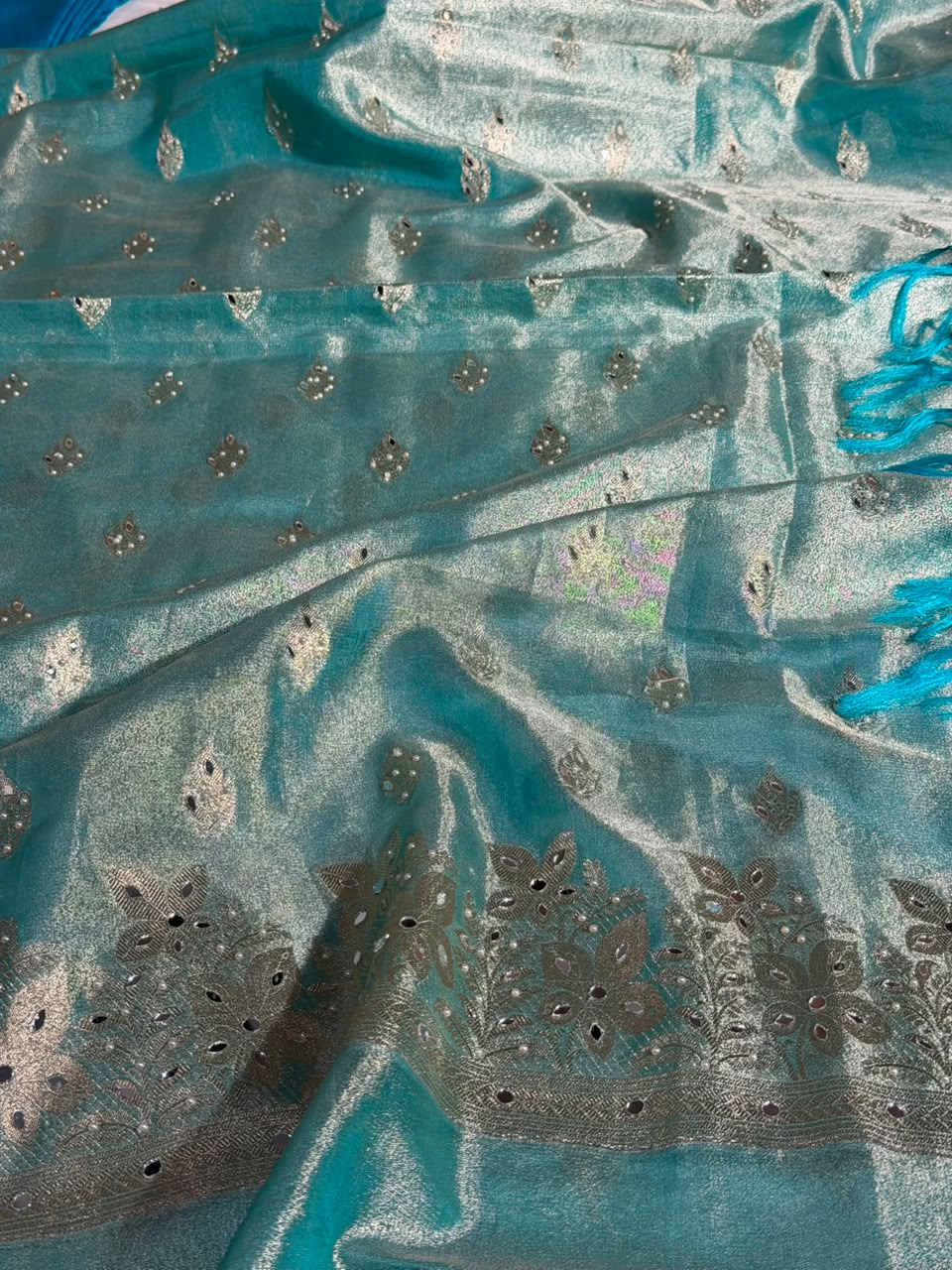 Sea Green Kora Tissue Mirror Work Suit Set