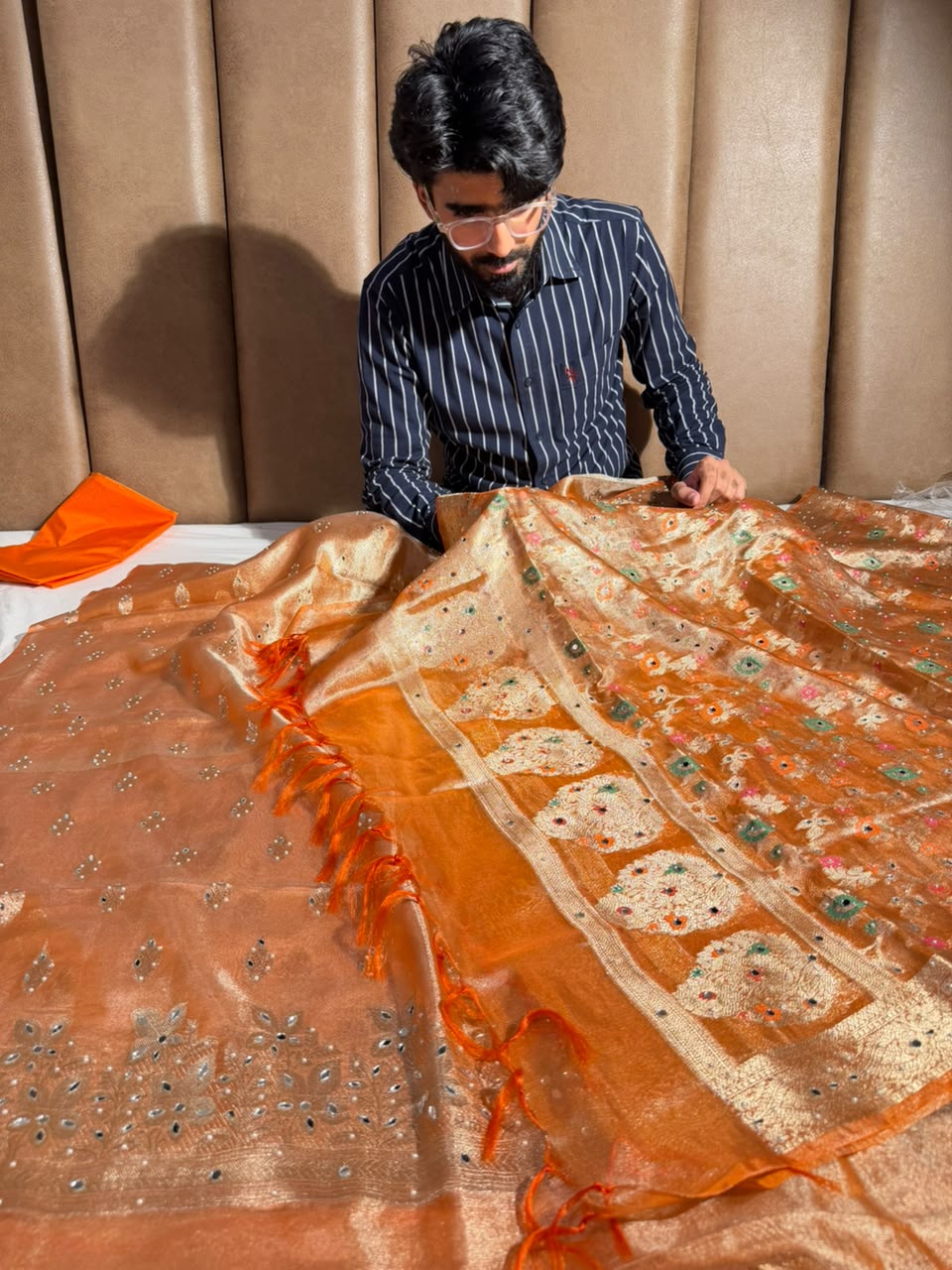 Metallic Orange Kora Tissue Mirror Work Suit Set