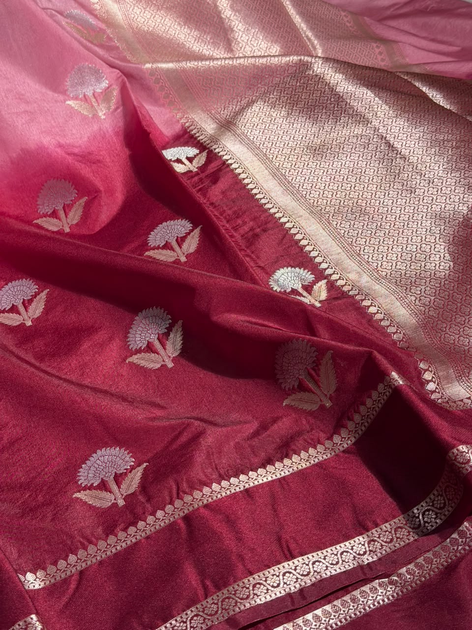 Pink Maroon Soft Chinia Silk Jacquard Banarasi Saree