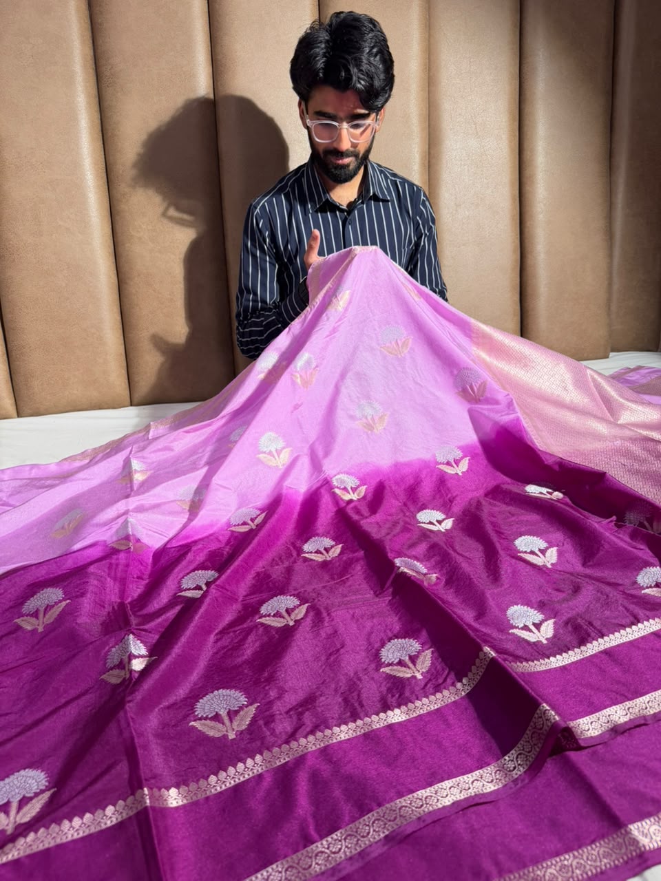 Pink Purple Soft Chinia Silk Jacquard Banarasi Saree