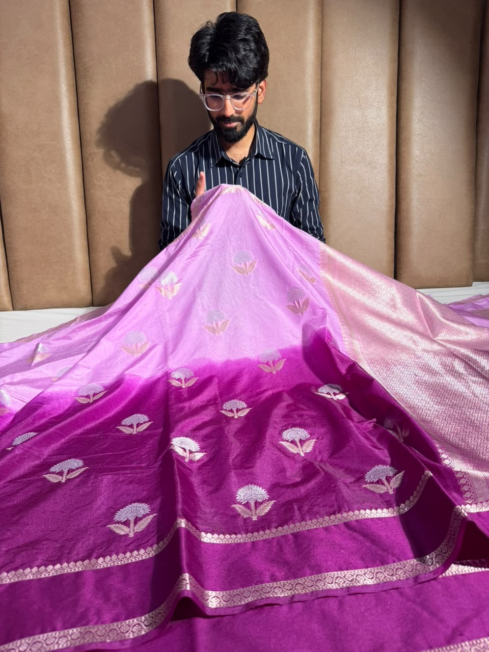 Pink Purple Soft Chinia Silk Jacquard Banarasi Saree