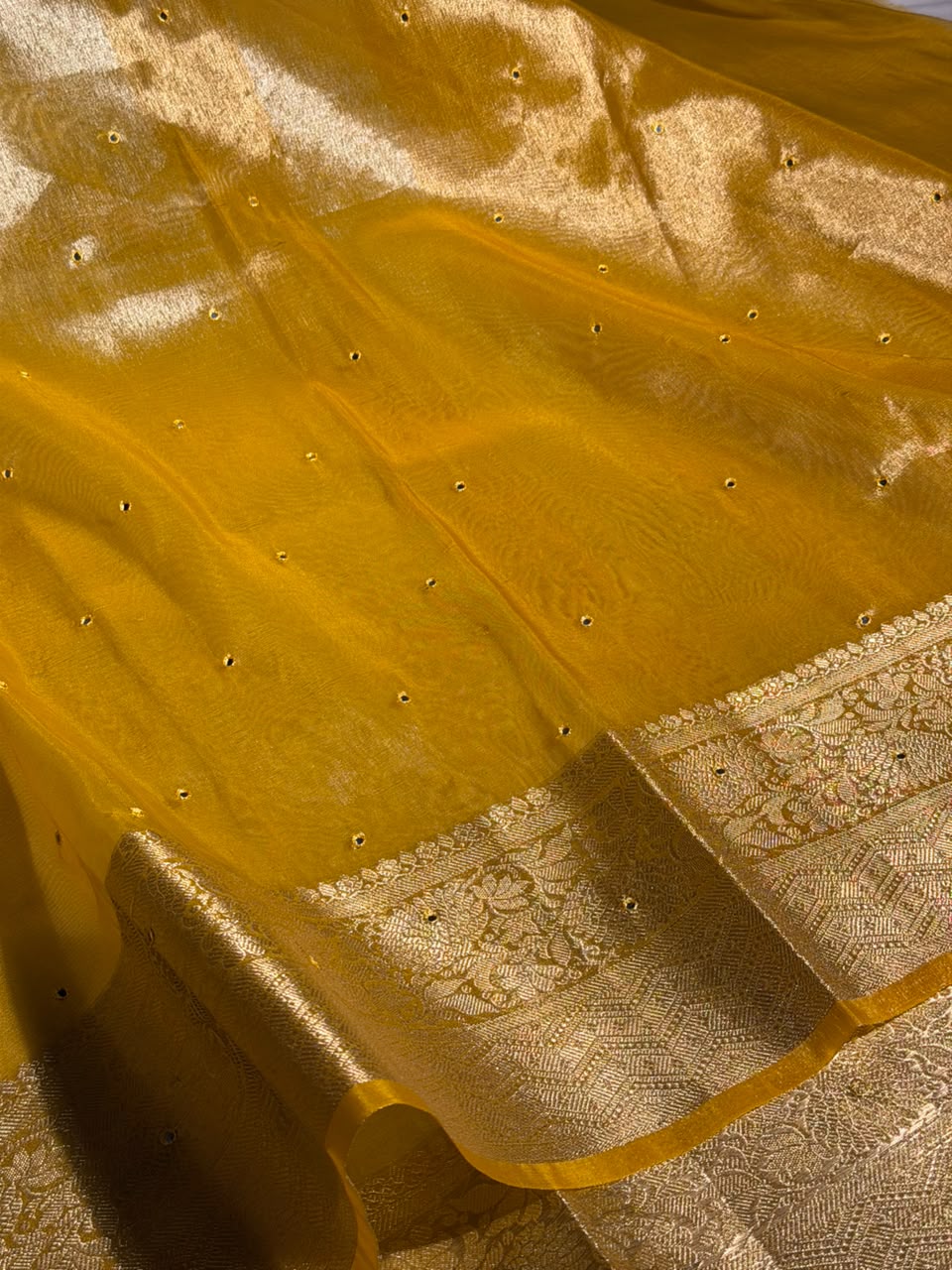 Metallic Yellow Shade Kora Tissue Mirror Work saree