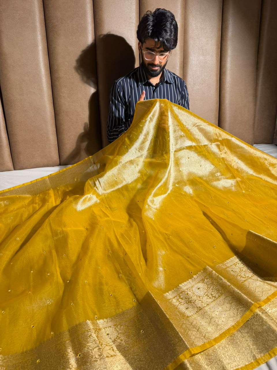 Metallic Yellow Shade Kora Tissue Mirror Work saree