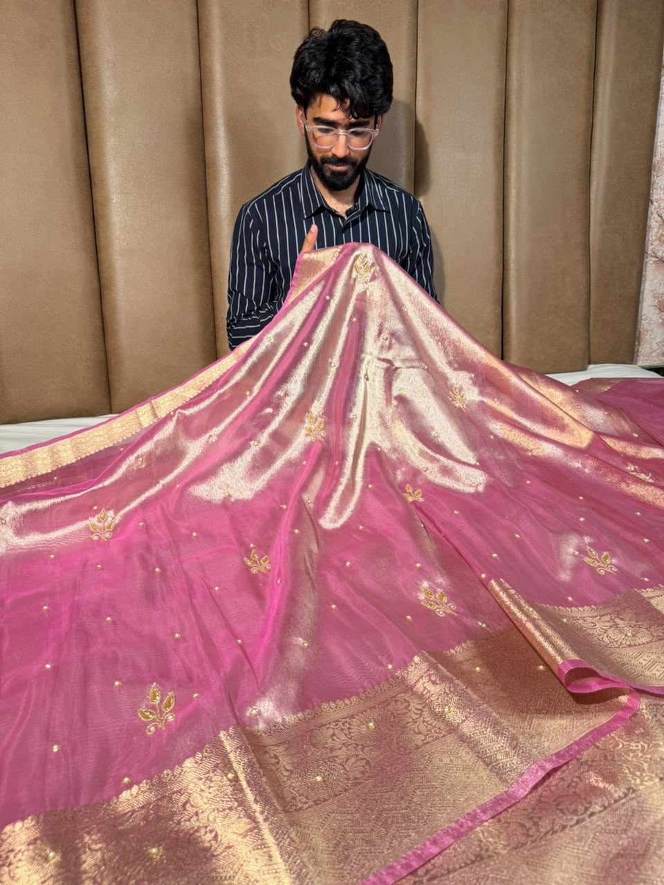 Barbie Pink Kora Tissue Handwork Banarasi Saree