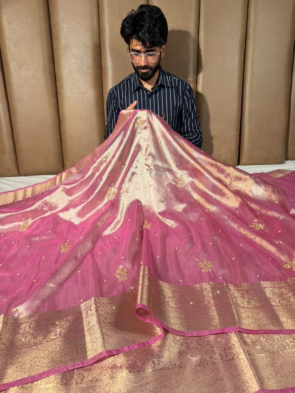 Barbie Pink Kora Tissue Handwork Banarasi Saree