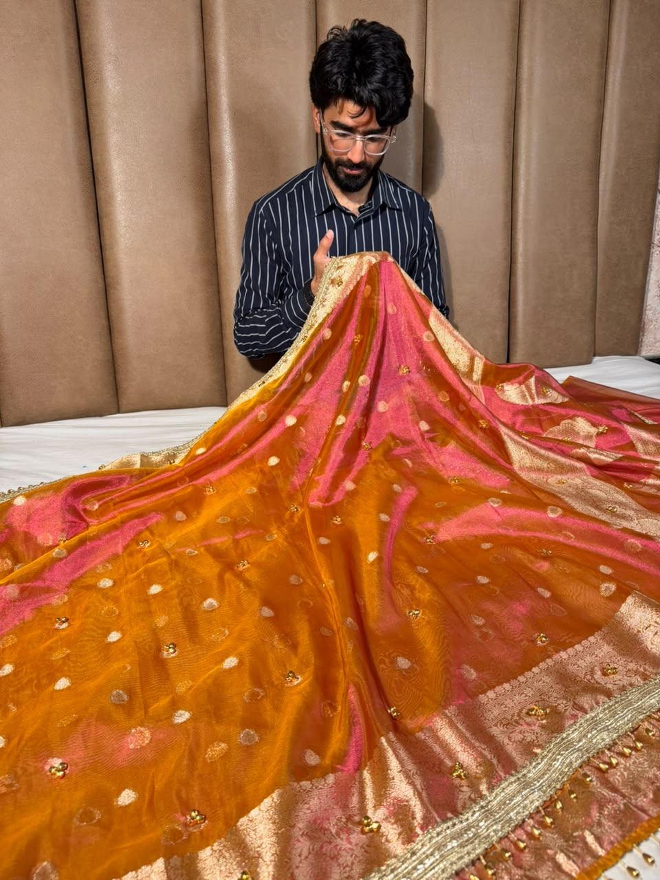 Rani Orange Dhoop Chaon Tissue Ghungroo Saree