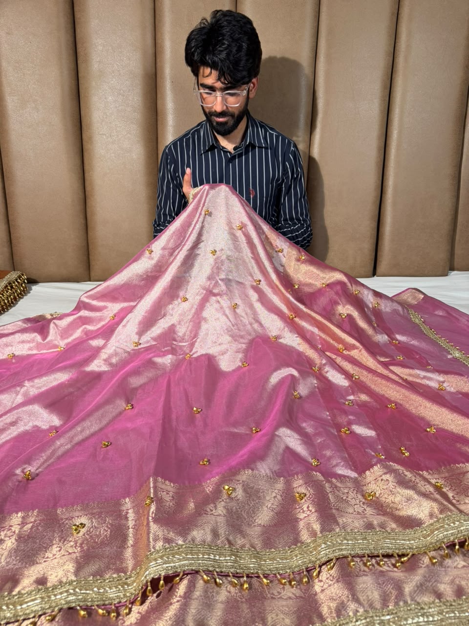 Barbie Pink Tissue Silk Viral Ghungroo Saree