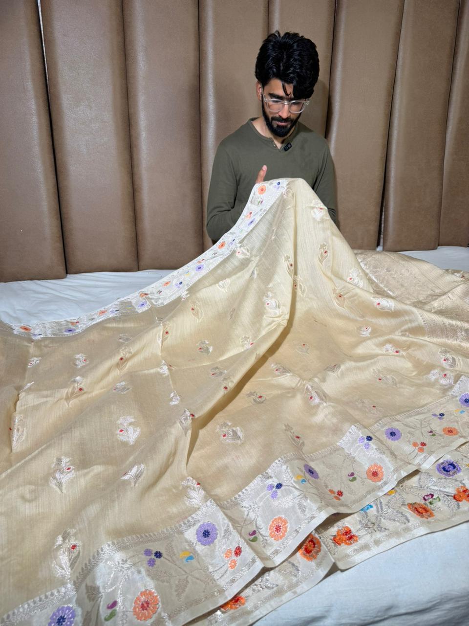 Natural Ivory Pure Munga Silk Meenakari Banarasi Saree