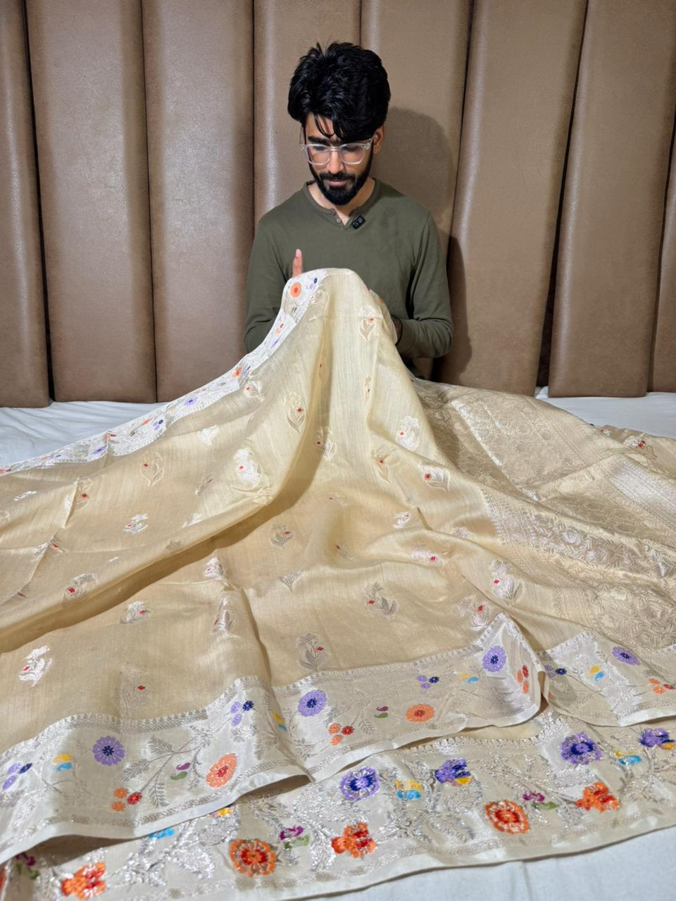 Natural Ivory Pure Munga Silk Meenakari Banarasi Saree