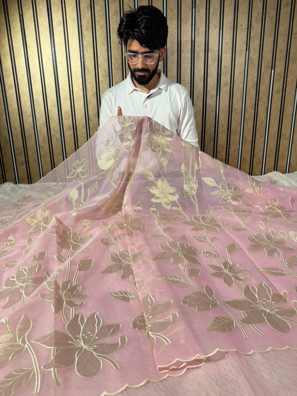 Baby Pink Kota Banarasi Applique Work Saree