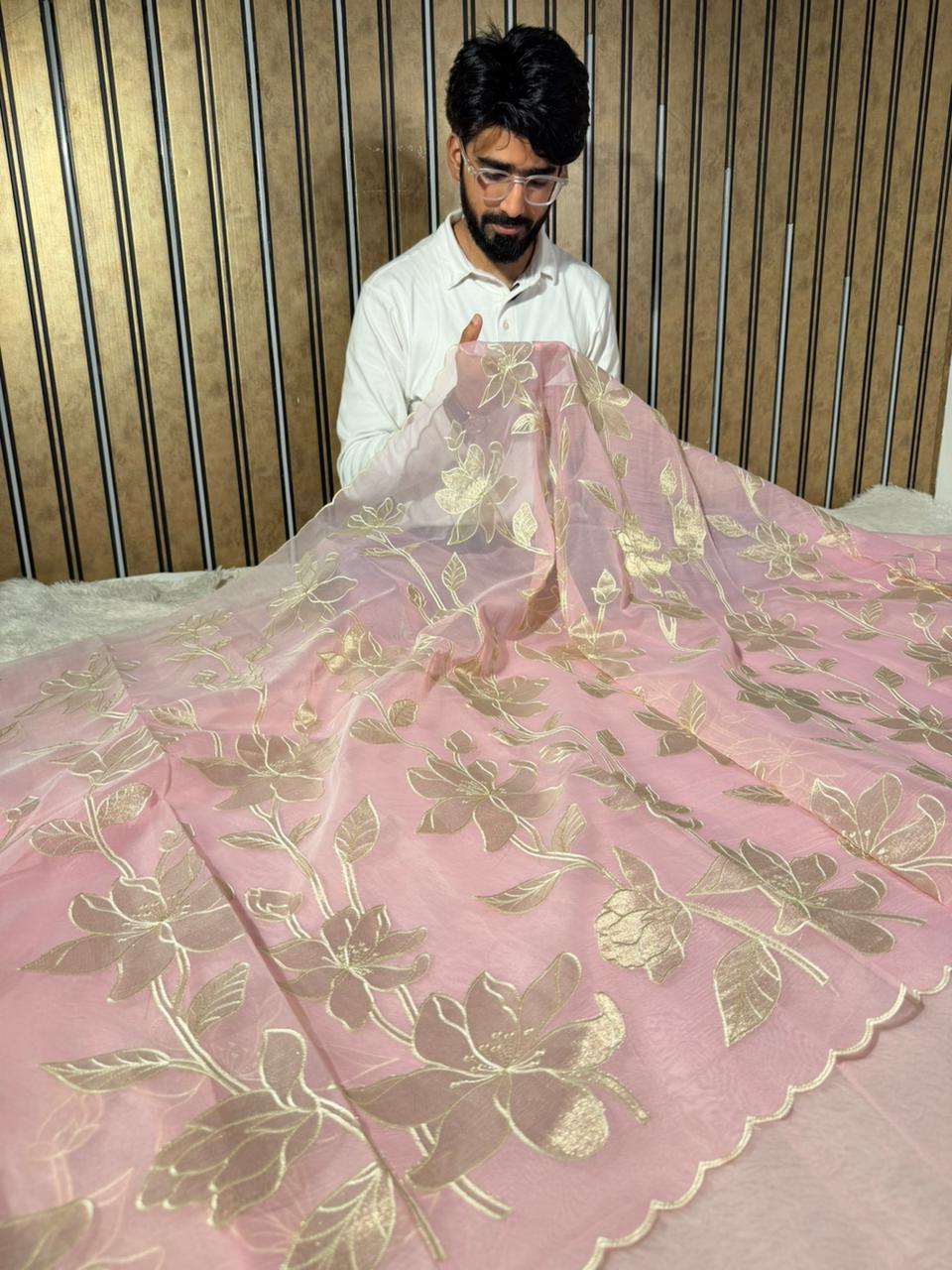 Baby Pink Kota Banarasi Applique Work Saree