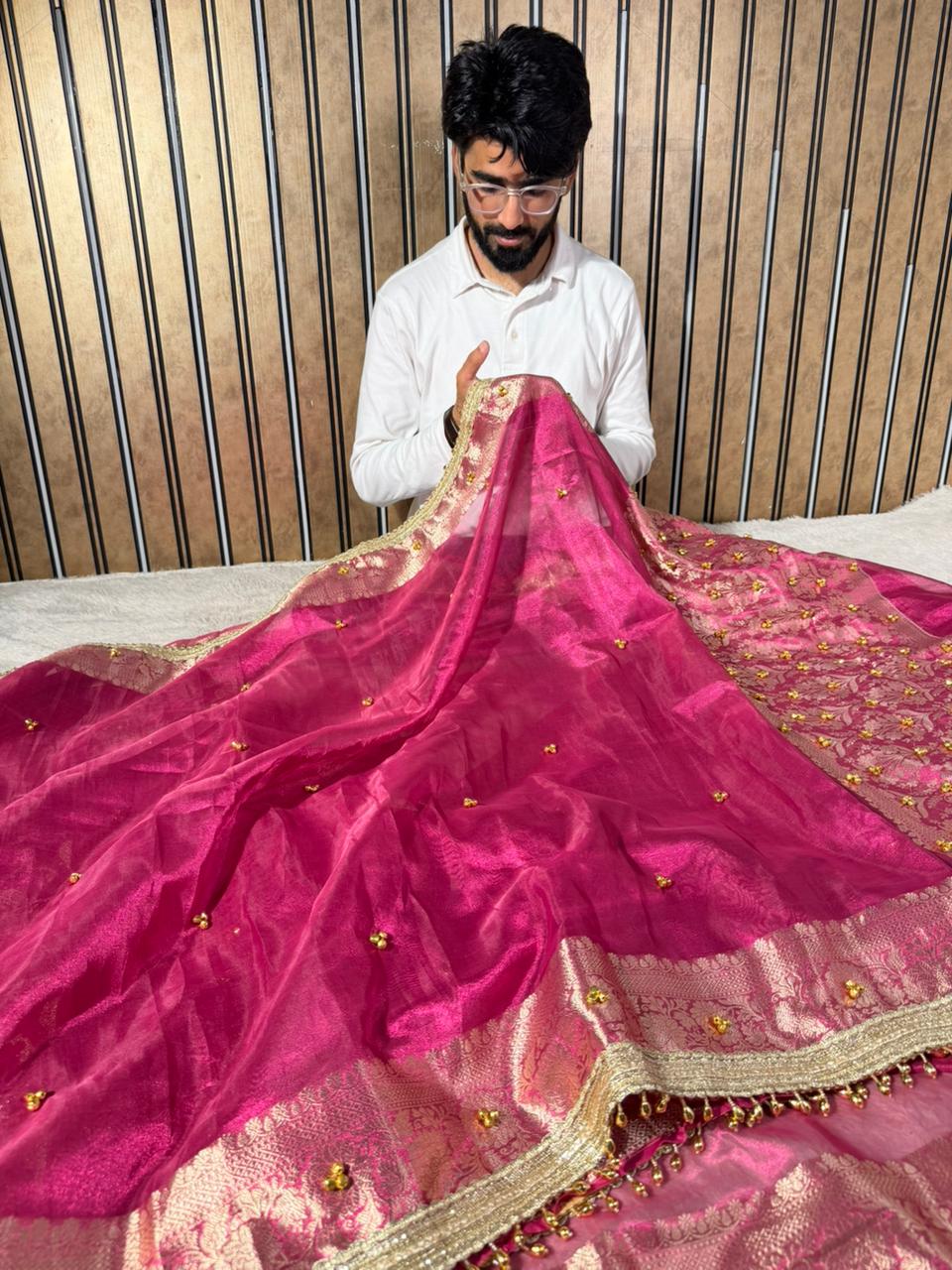 Metallic Rani Kora Tissue Viral Ghungroo Saree