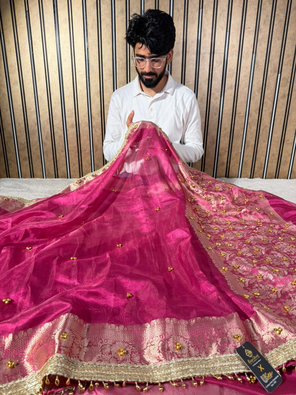 Metallic Rani Kora Tissue Viral Ghungroo Saree