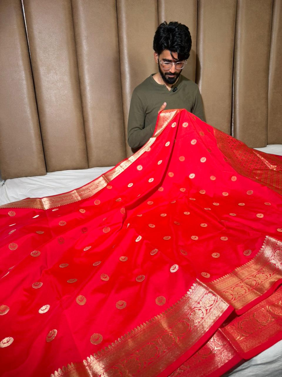 Bright Red Chand Tara Buti Softsilk Banarasi Saree