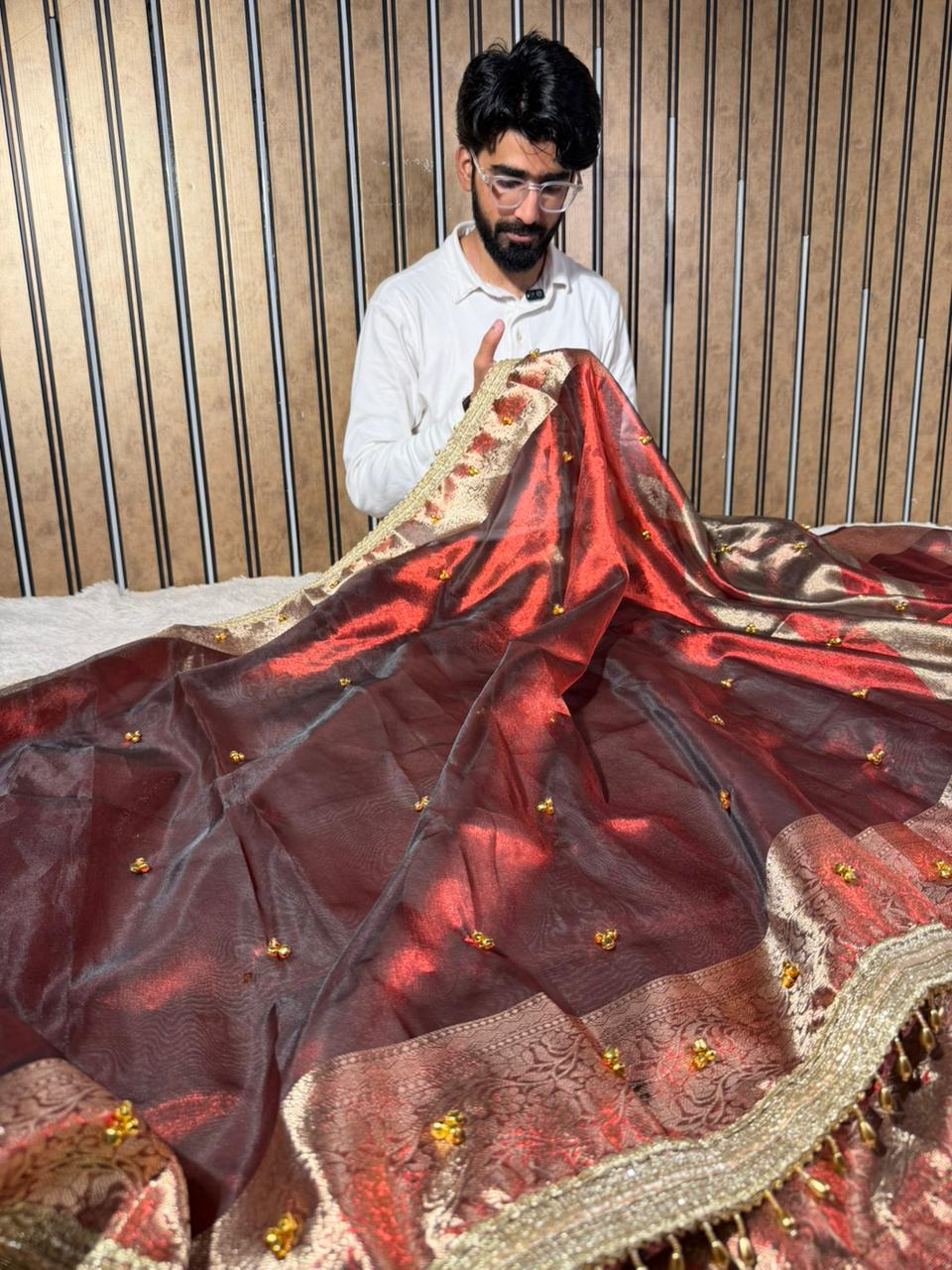 Carmine Maroon Tissue Silk Hand Ghungroo Work Saree