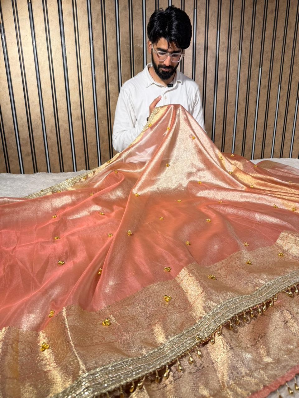 Pretty Peach Tissue Silk Hand Ghungroo Work Saree