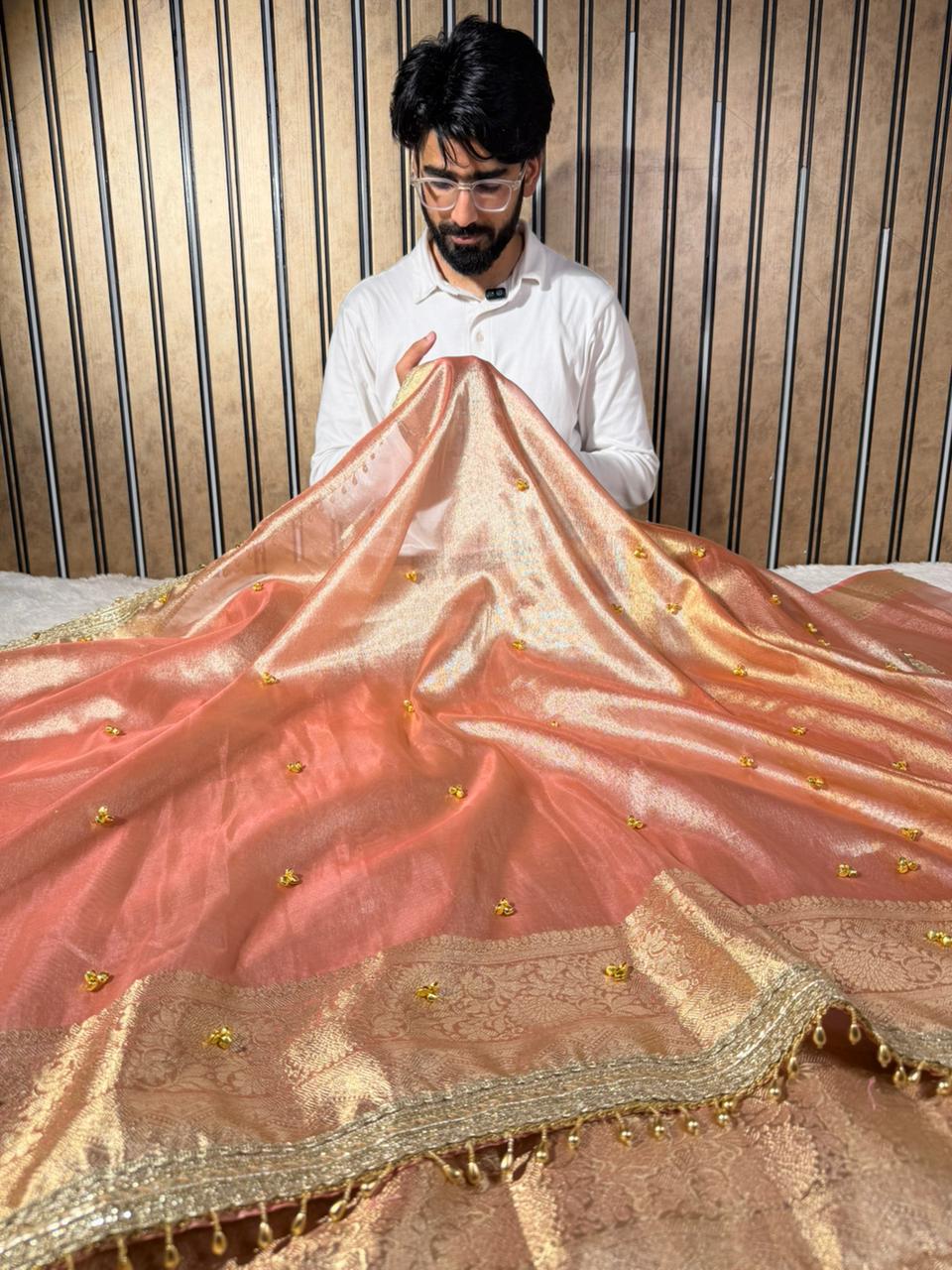 Pretty Peach Tissue Silk Hand Ghungroo Work Saree