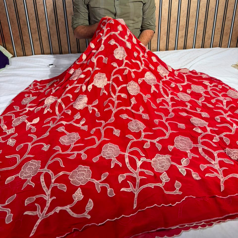 Bright Red Khaddi Georgette Tissue Appliqué Work Saree