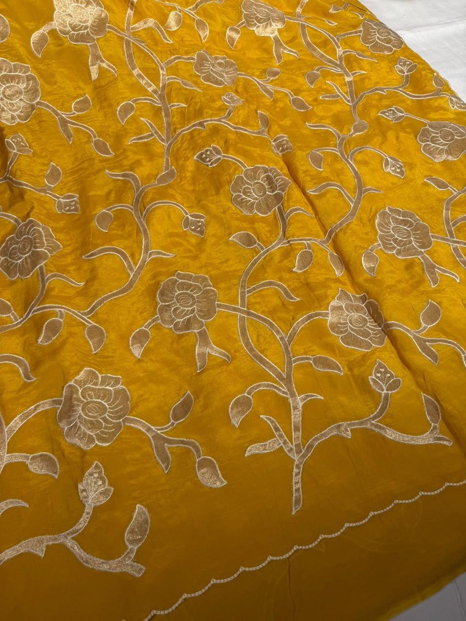 Bright Yellow Khaddi Georgette Tissue Appliqué Work Saree