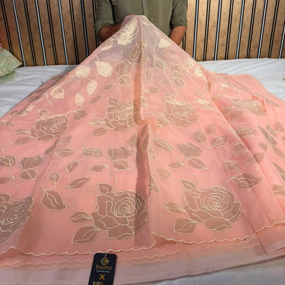 Light Peach Kota Cotton Appliqué Work Saree