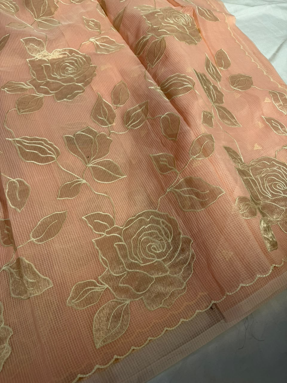 Light Peach Kota Cotton Appliqué Work Saree