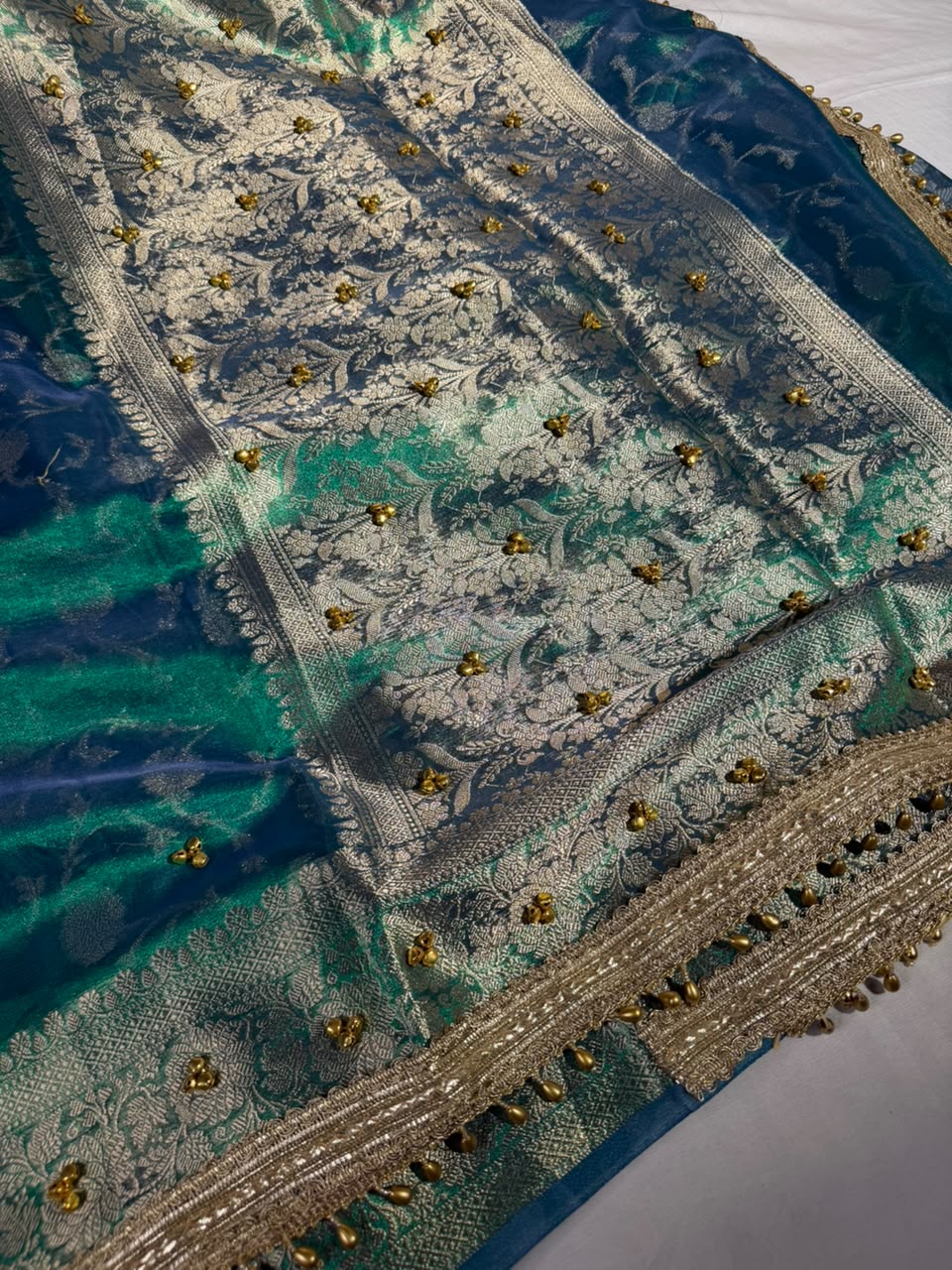 Rare Baigani Viral Ghungroo Work Tissue Saree