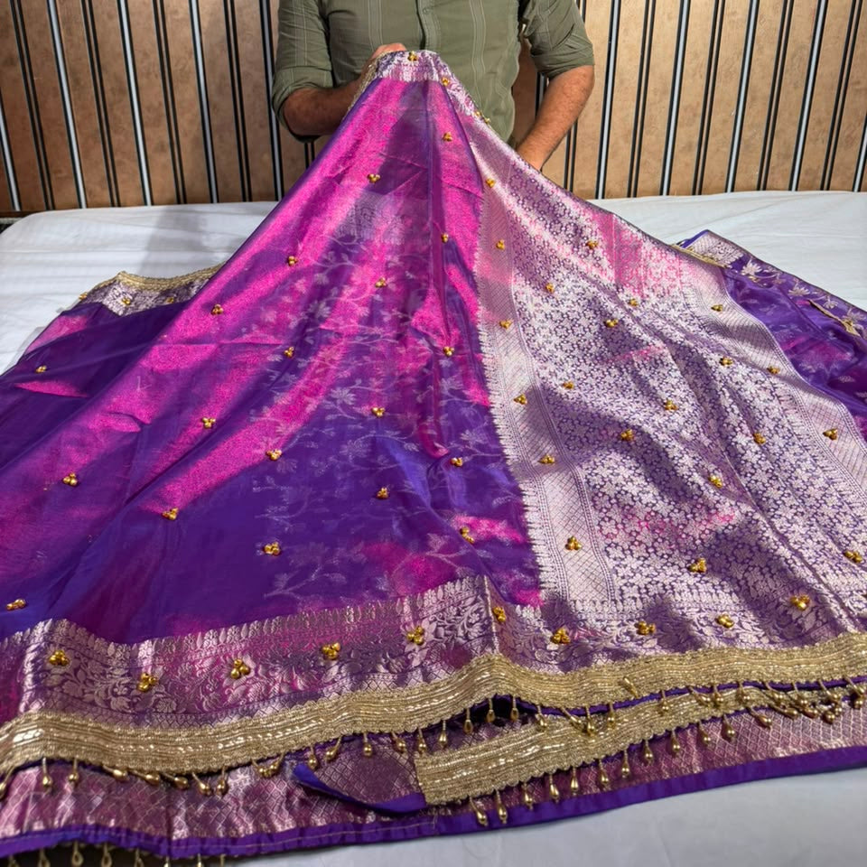 Rare Baigani Viral Ghungroo Work Tissue Saree