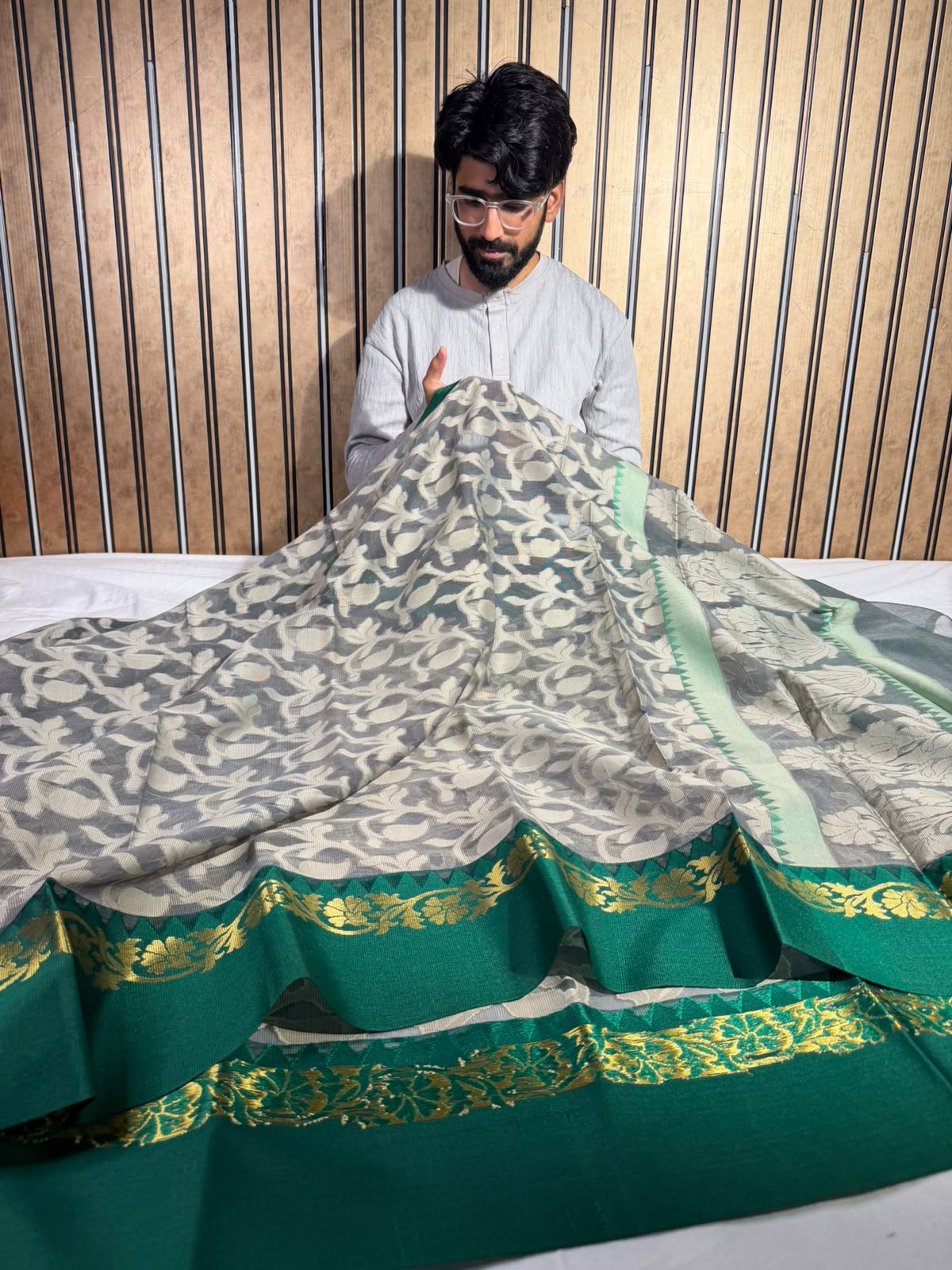 Grey Cotton Patola Saree in Grey Jaal Weave