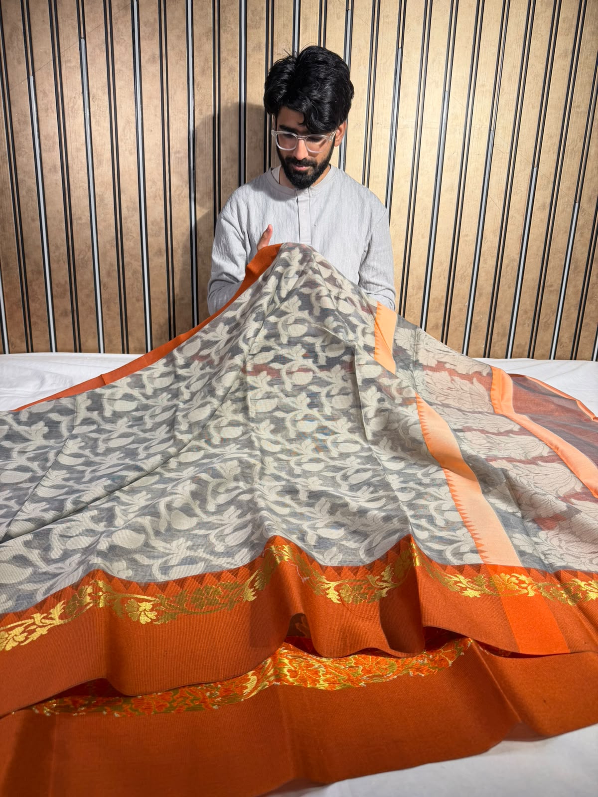 Grey Cotton Patola Saree In Grey Jaal Weave