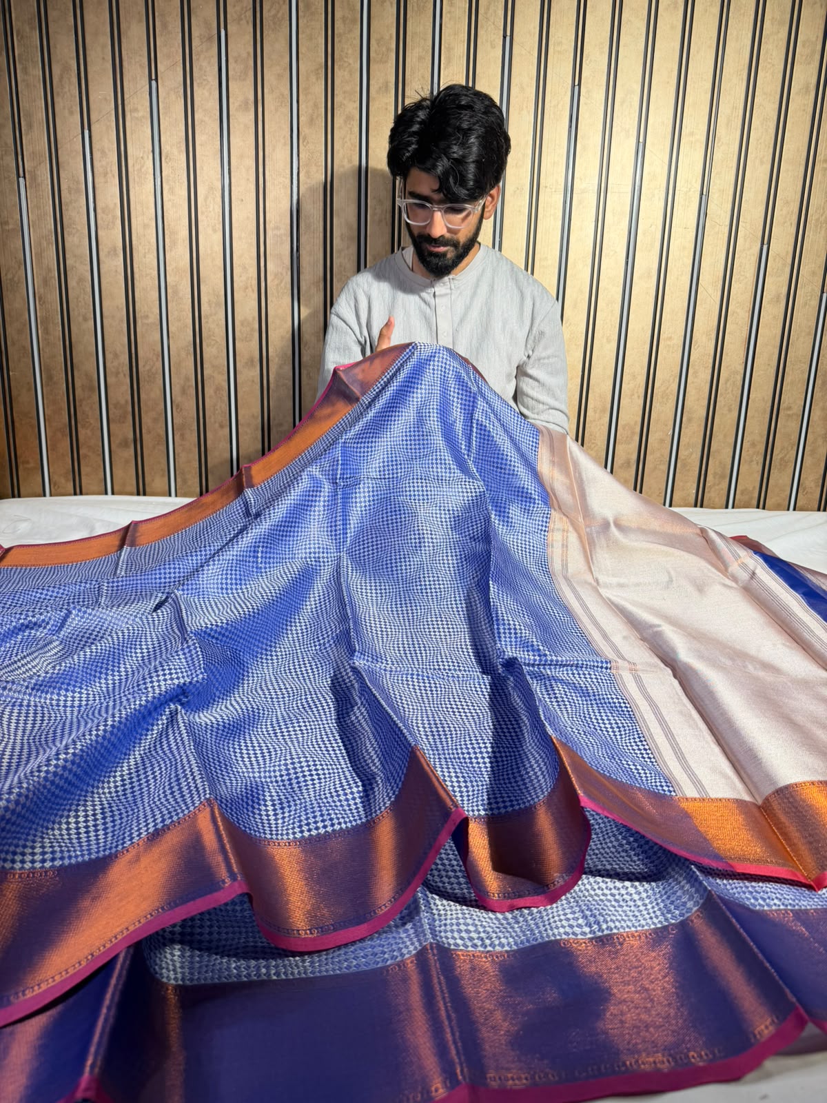 Royal Blue Checks Softsilk Banarasi Saree
