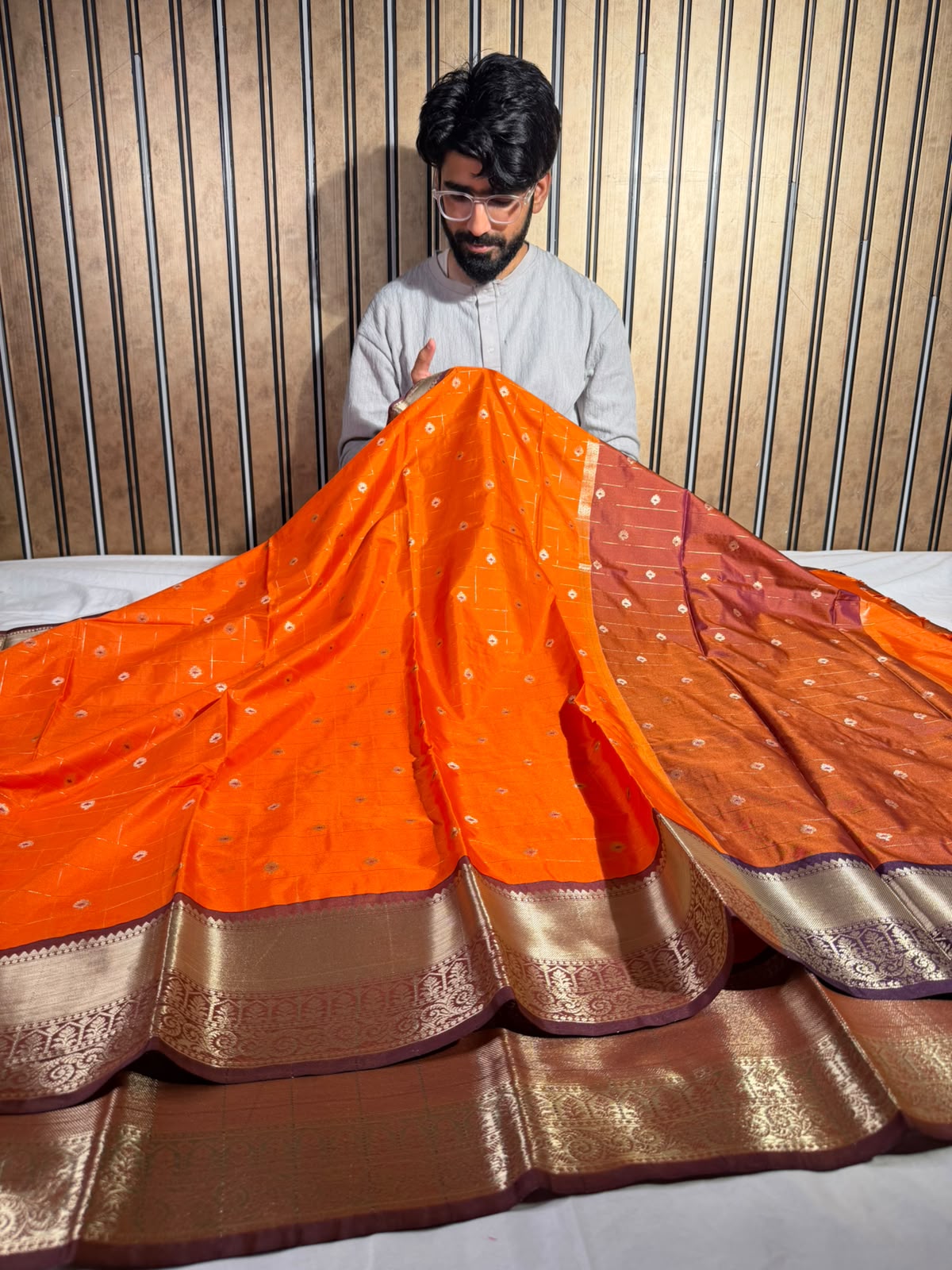 Prity Orange With Buta Soft Silk Jamdani Pattern Saree