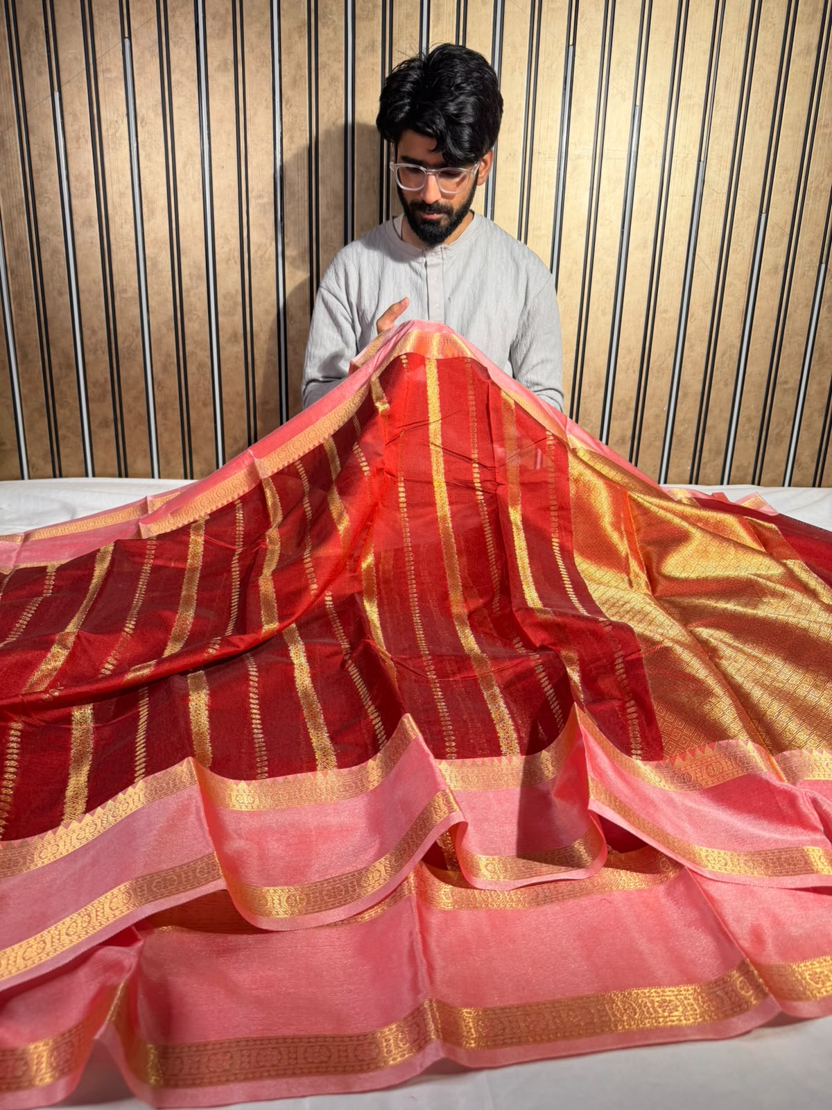 Red Pink With Strips Softsilk Eccentric Banarasi Saree