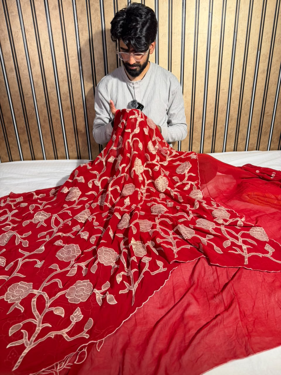 Bright Red Khaddi Georgette Tissue Appliqué Work Saree