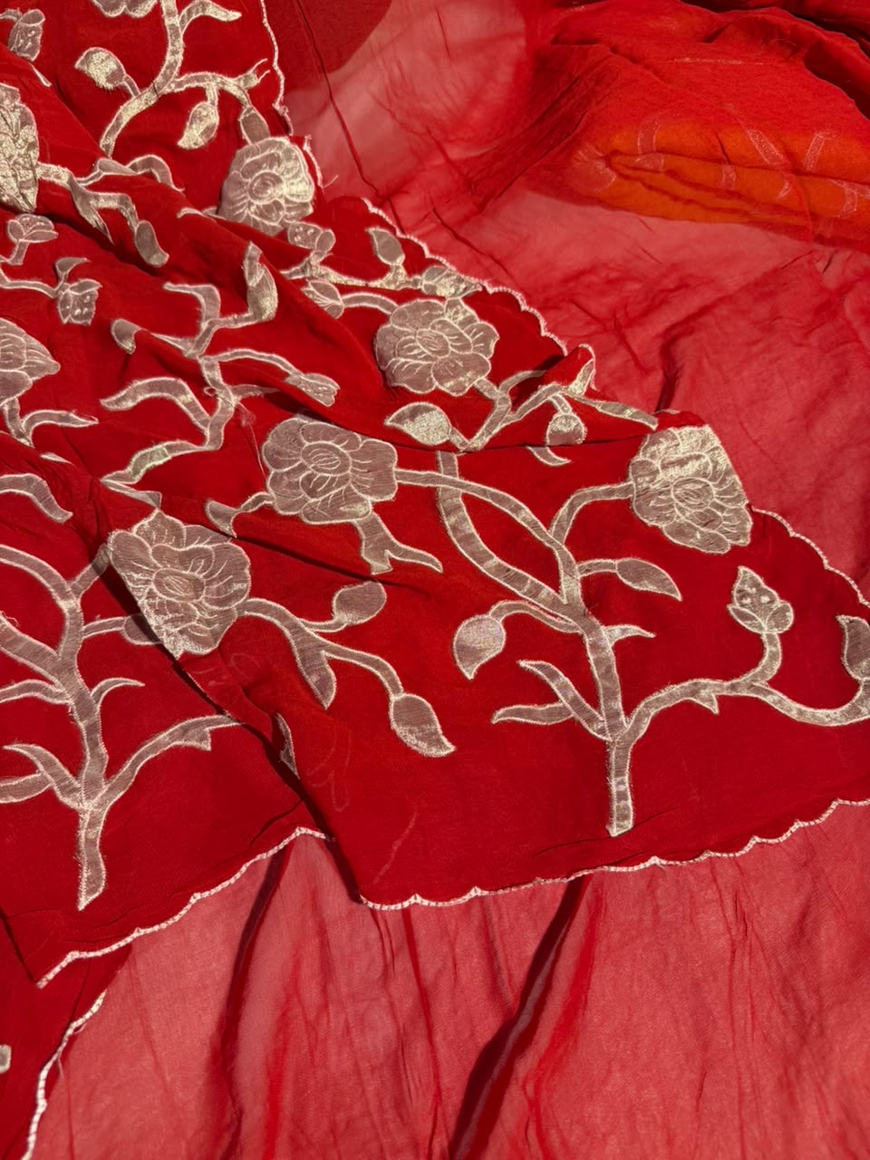 Bright Red Khaddi Georgette Tissue Appliqué Work Saree