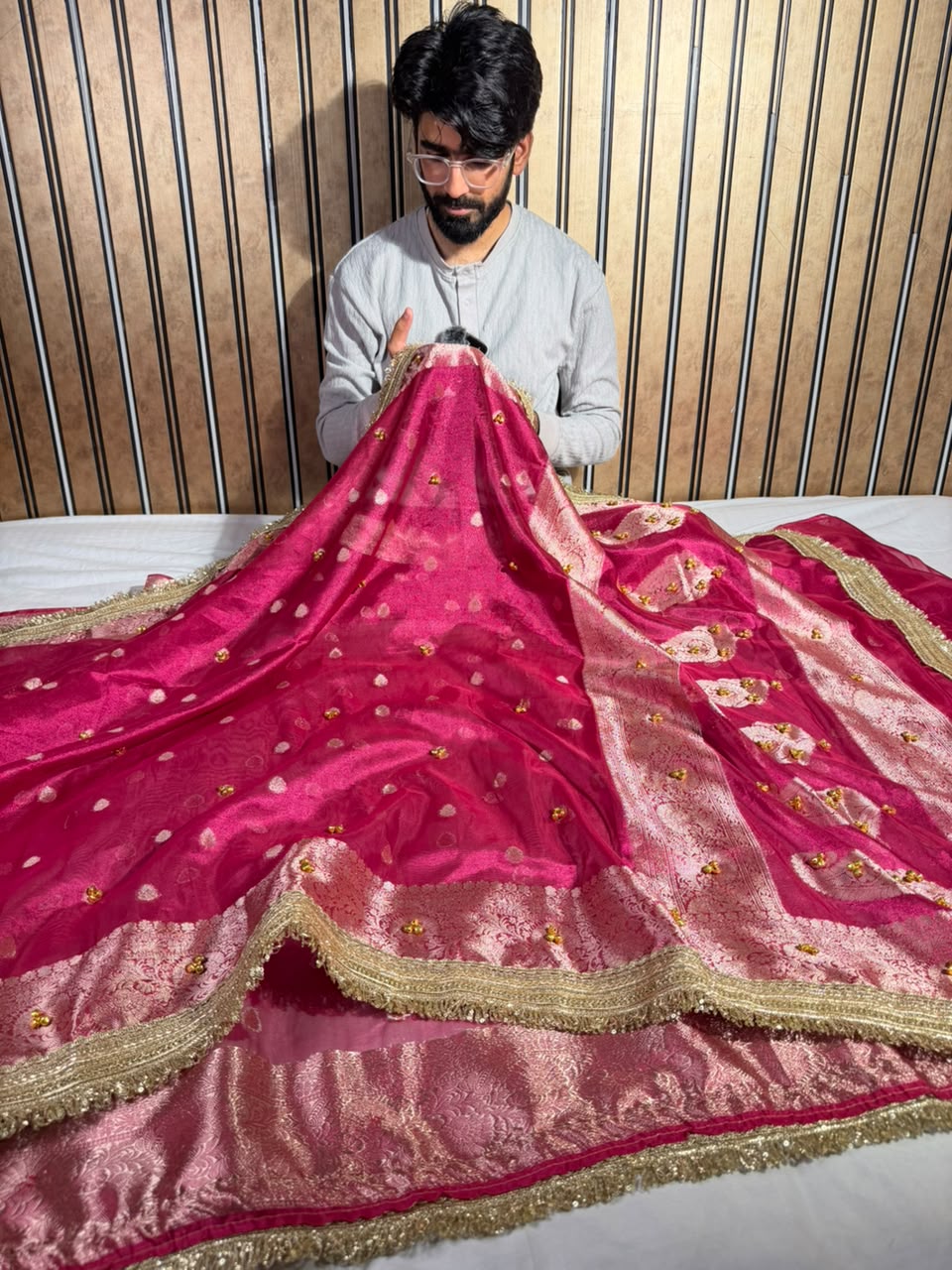Metallic Rani Kora Tissue Viral Ghungroo Work Saree