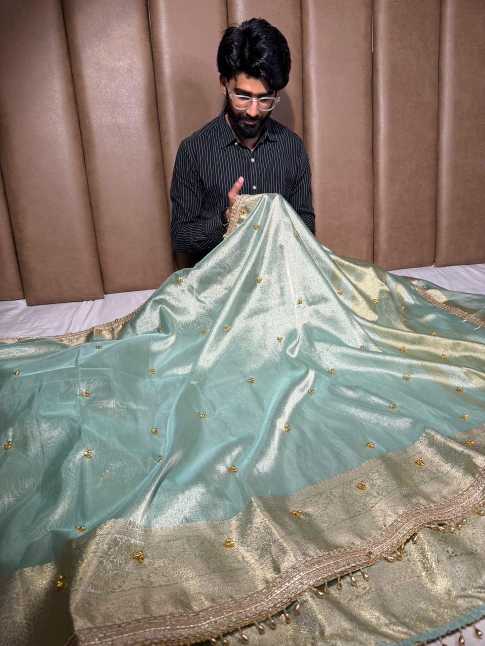 Sea Green Viral Ghungroo Work Tissue Saree