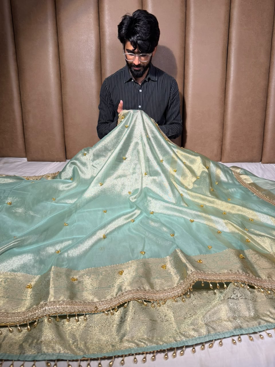 Sea Green Viral Ghungroo Work Tissue Saree