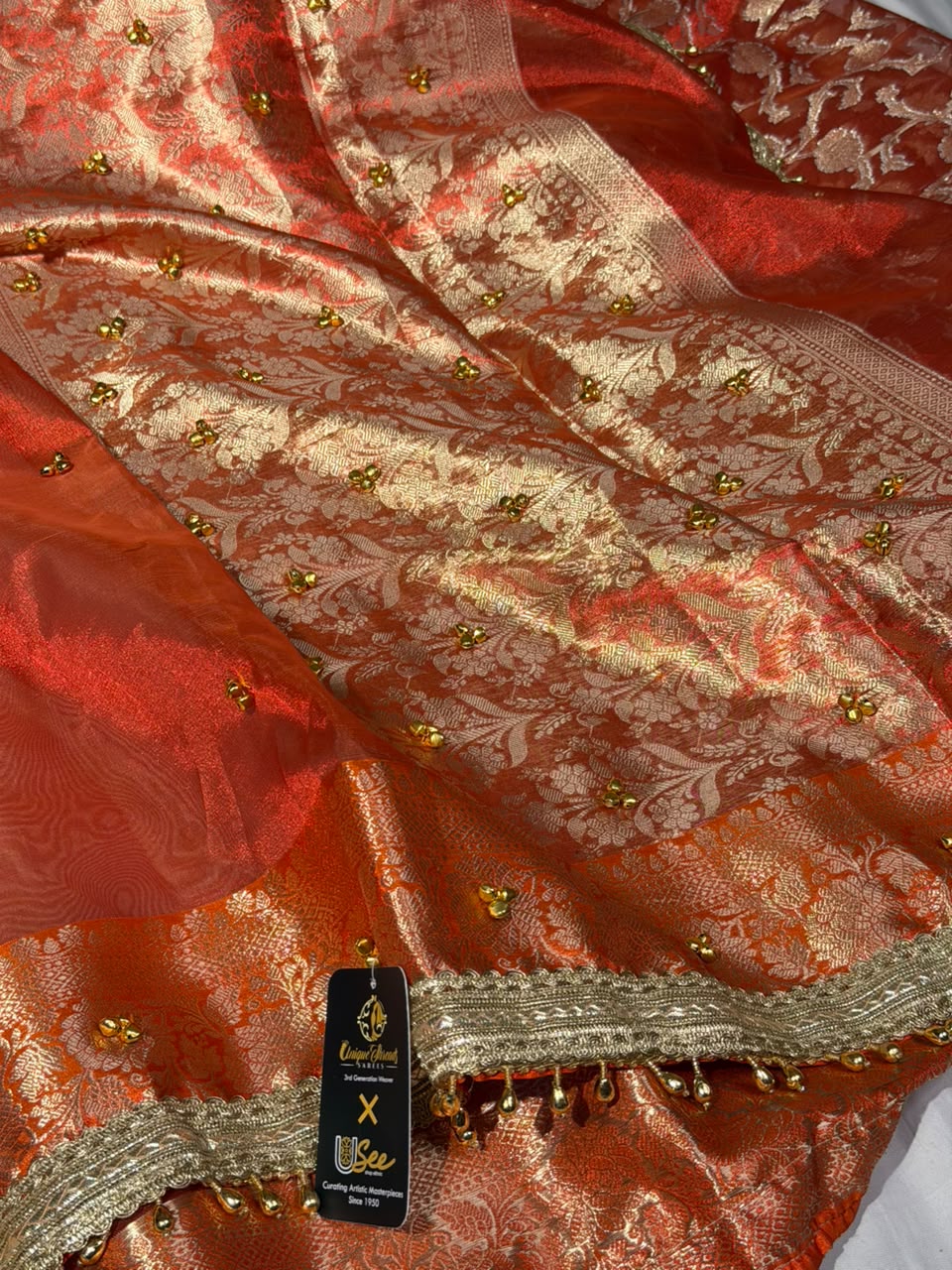 Dhoop Chaon Orange Viral Ghungroo Work Tissue Saree
