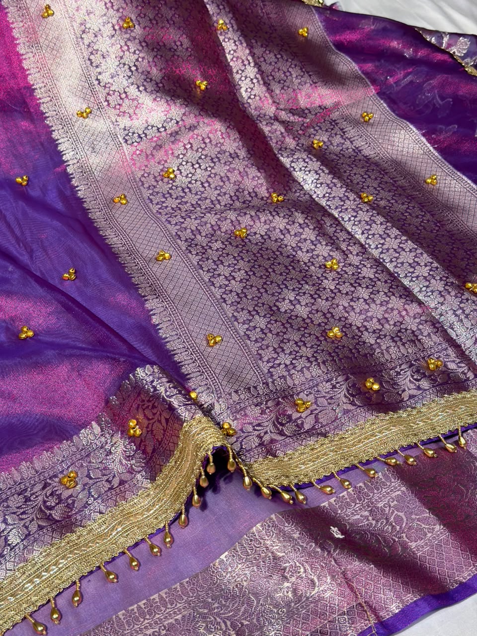 Rare Baigani Viral Ghungroo Work Tissue Saree