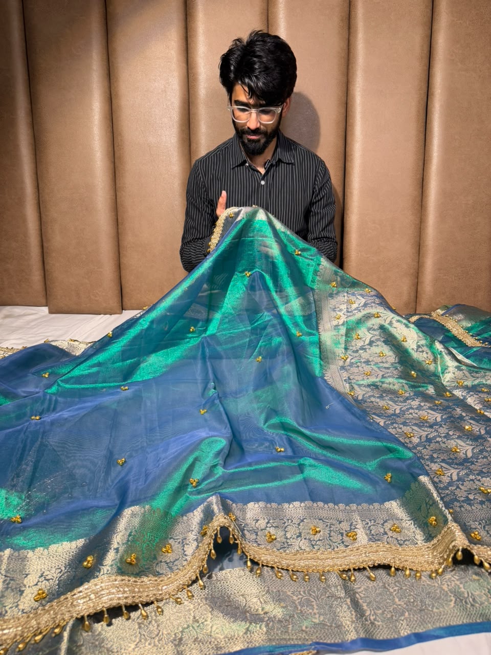 Rare Baigani Viral Ghungroo Work Tissue Saree