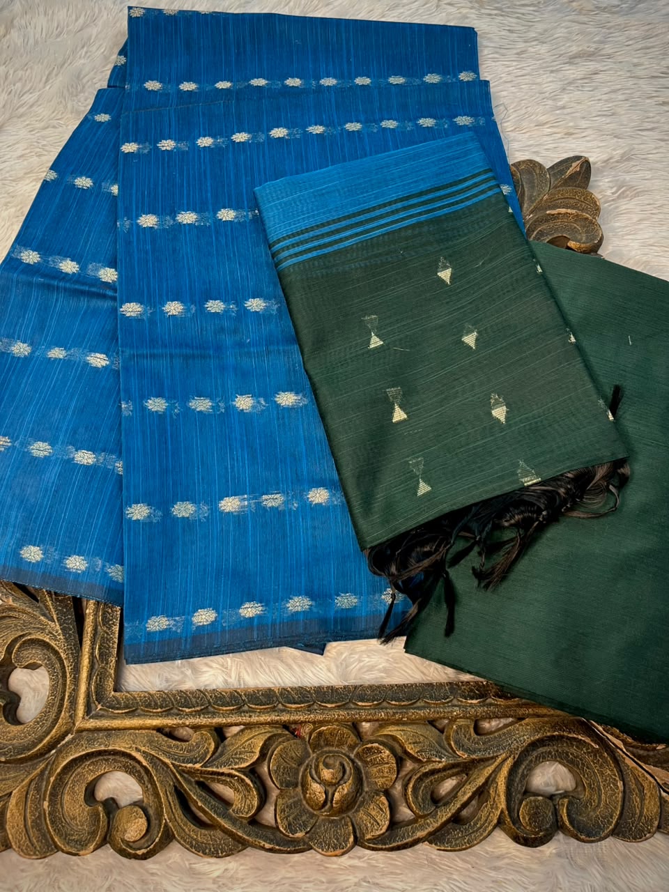 Blue-Dark Green Shade Soft Cotton Banarasi Suit Set
