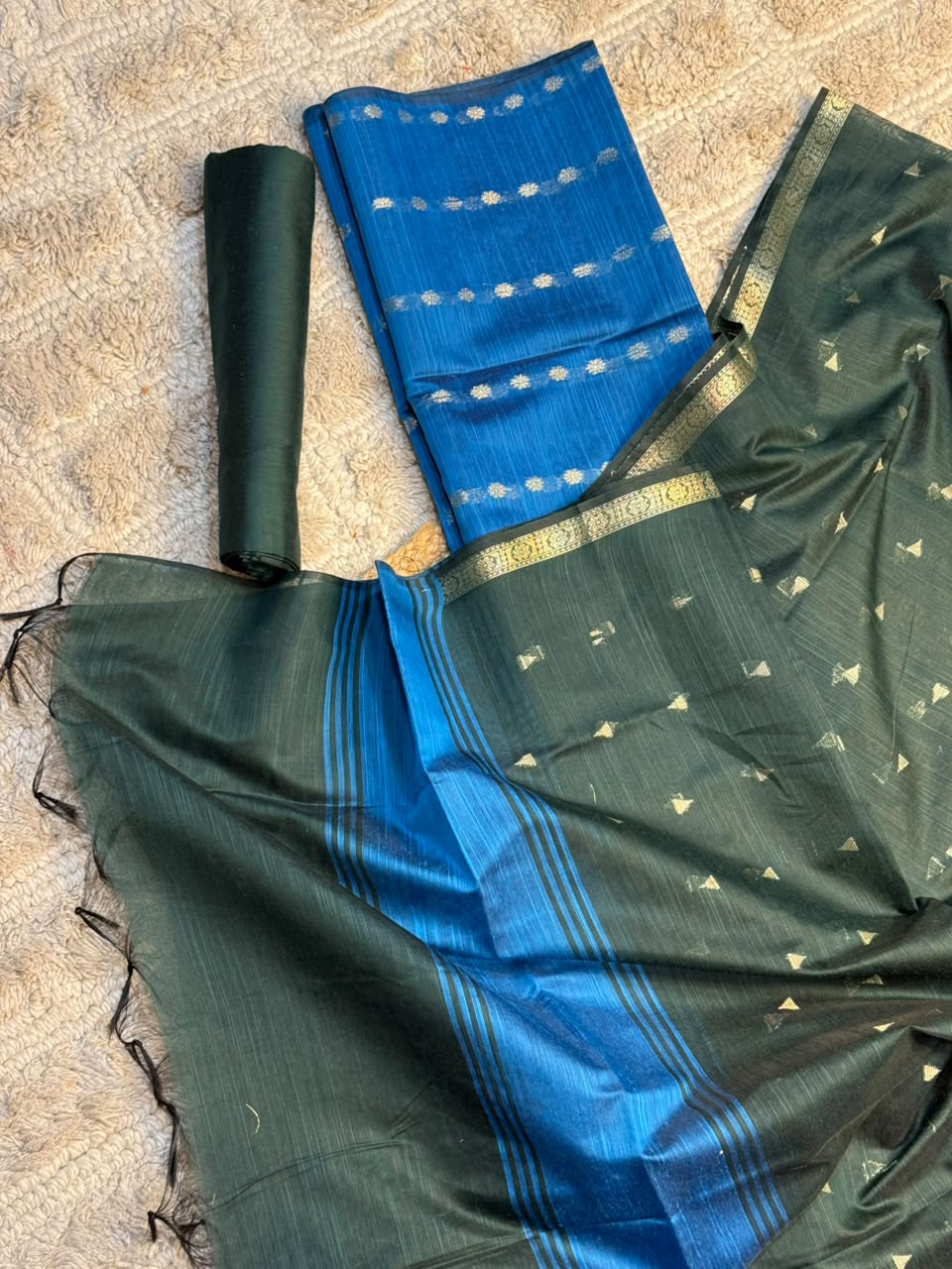 Blue-Dark Green Shade Soft Cotton Banarasi Suit Set