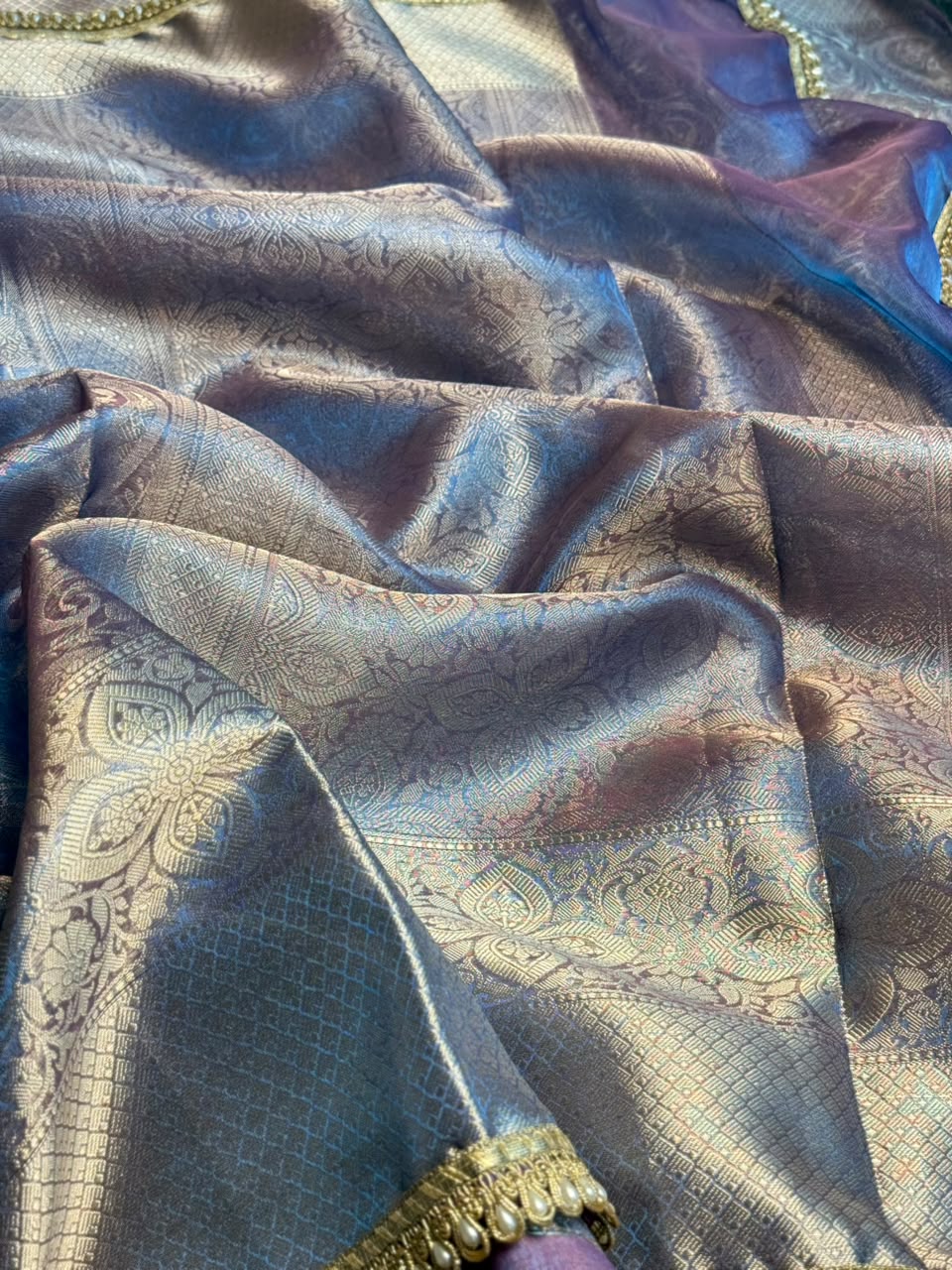 Matallic Blue Tissue Silk Designer Lace Work Banarasi Saree