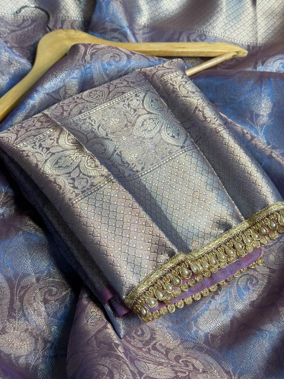 Matallic Blue Tissue Silk Designer Lace Work Banarasi Saree