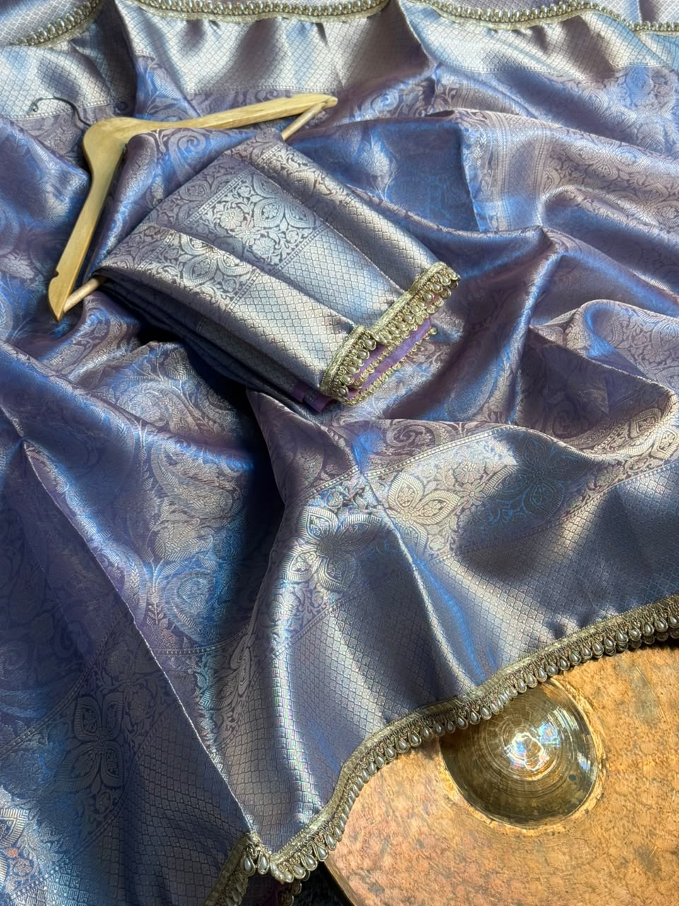 Matallic Blue Tissue Silk Designer Lace Work Banarasi Saree
