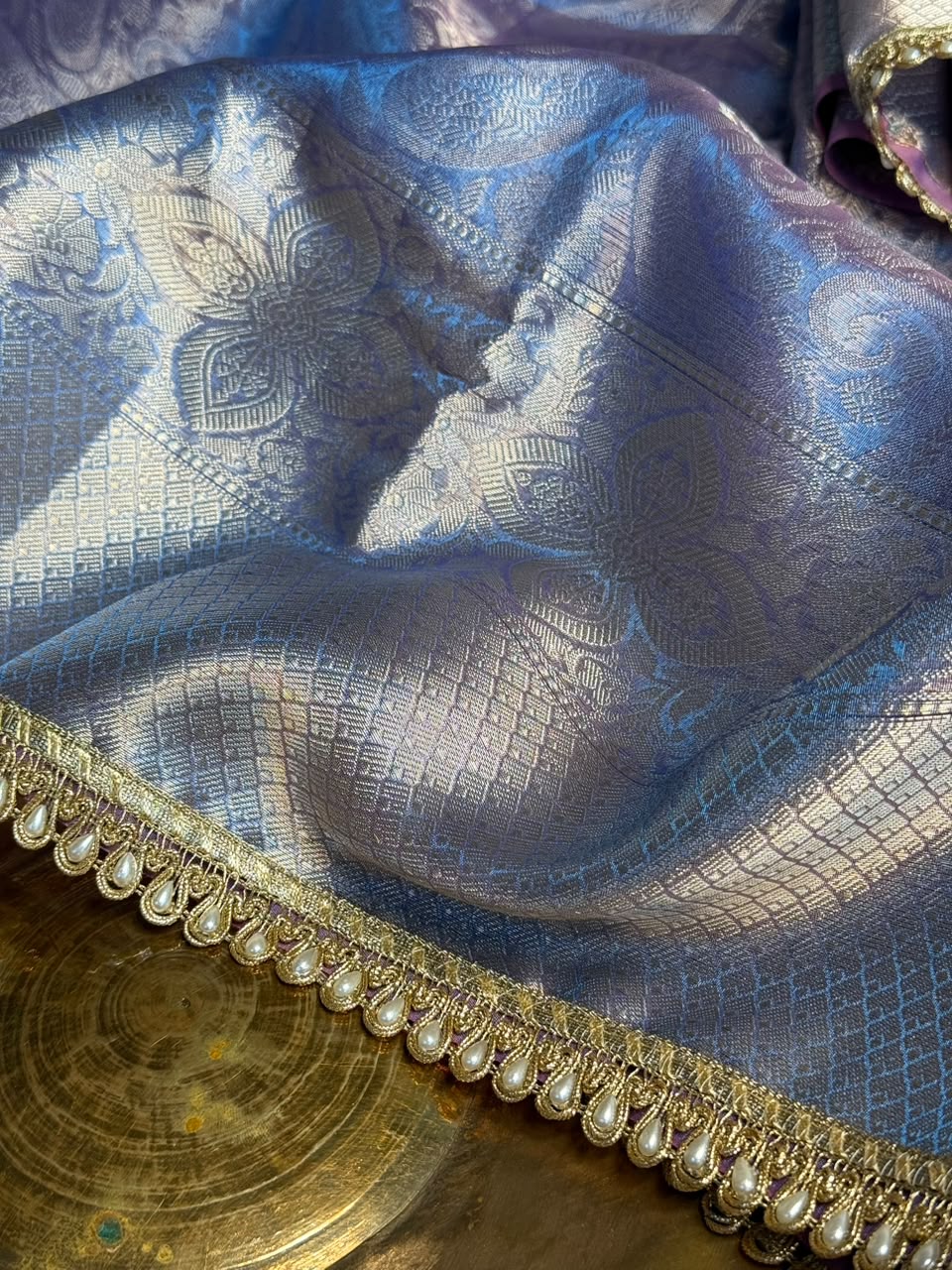 Matallic Blue Tissue Silk Designer Lace Work Banarasi Saree